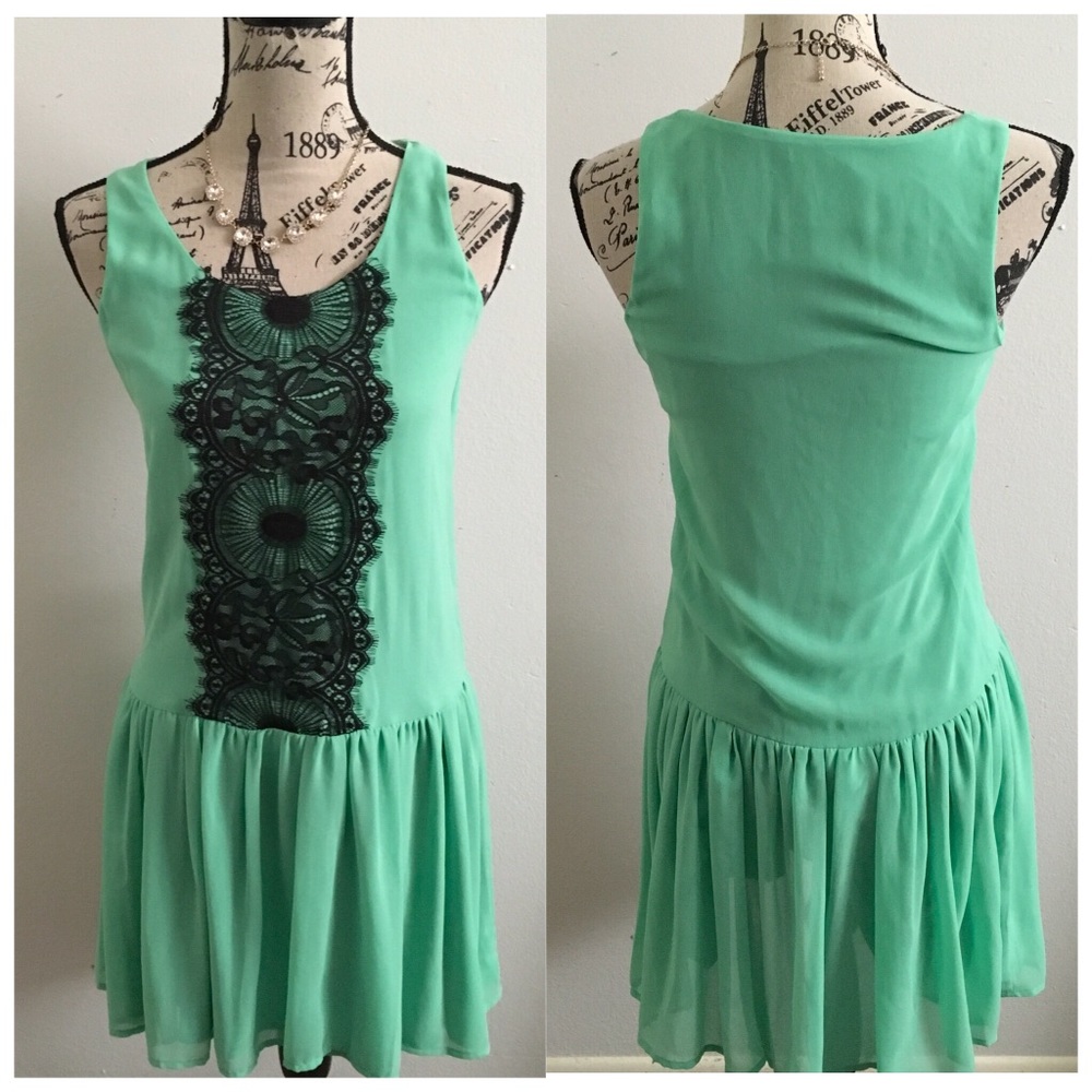 * Bar III Mint + Black Lace Drop Waist Dre…